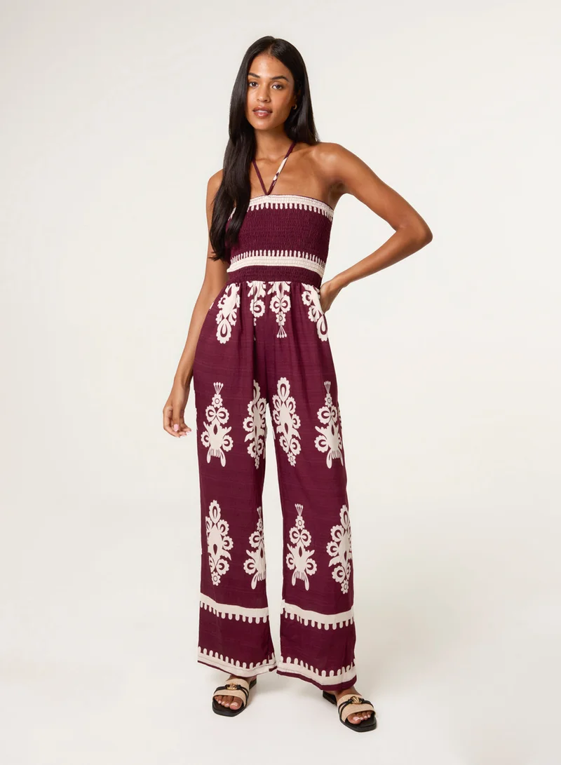 Blue Vanilla  Halter Neck Shirred Waist Jumpsuit for Women | Best Price UAE